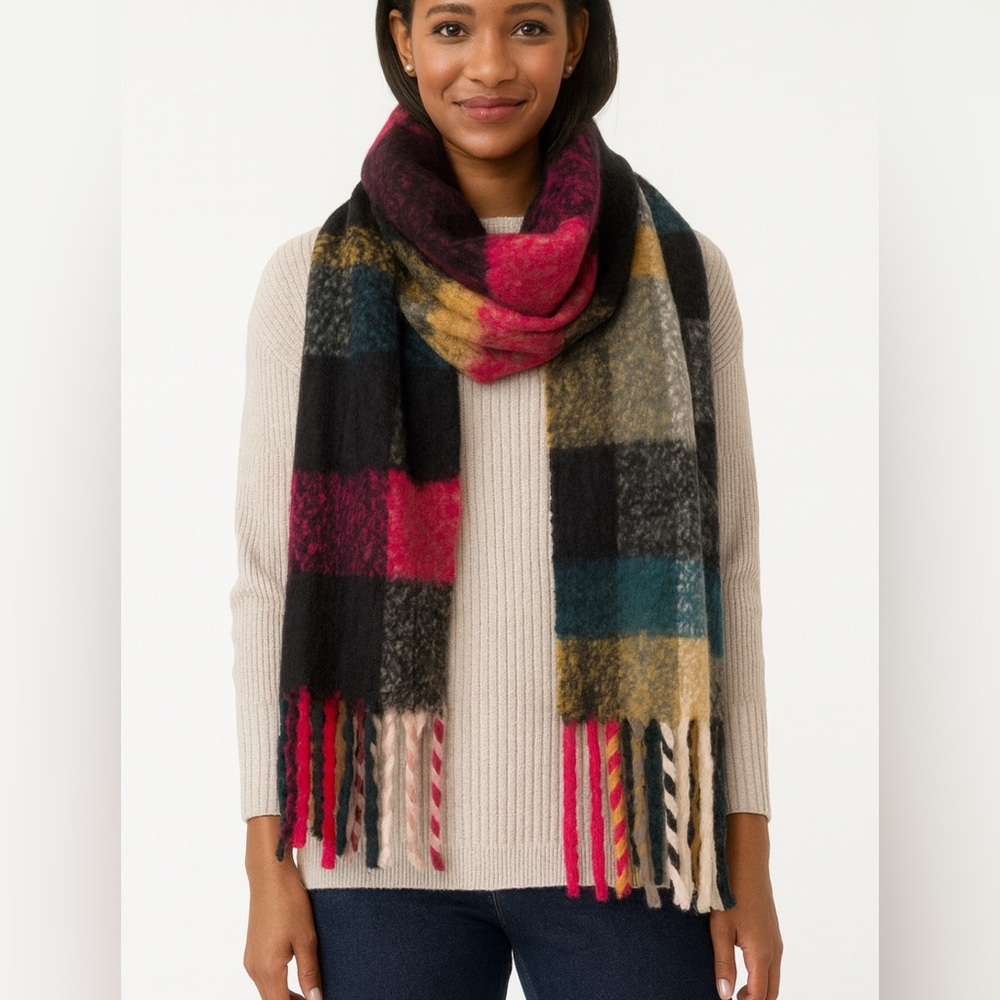 Love of Fashion Multicolor Plaid Fringe Scarf – One Size